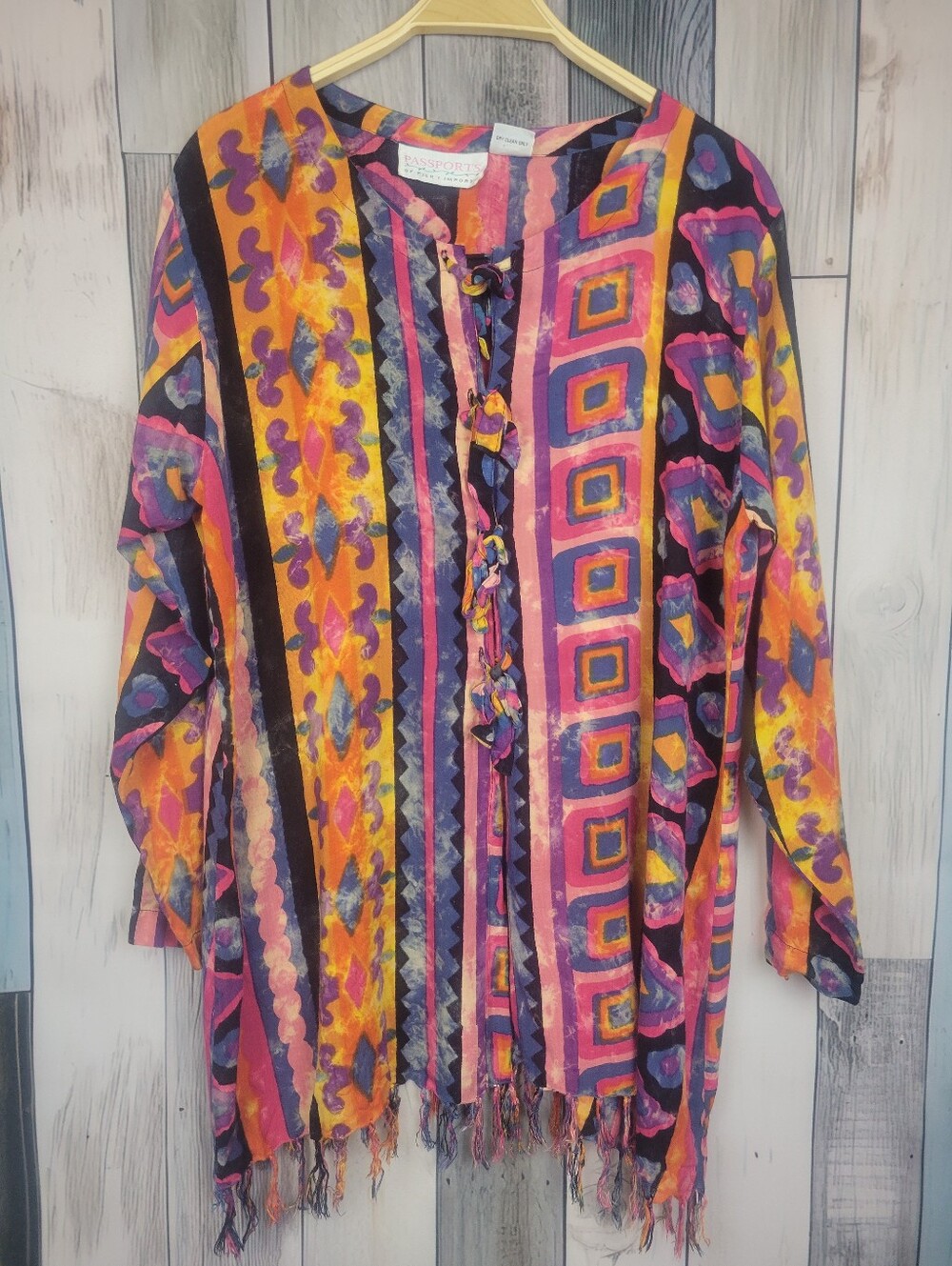 Vintage Pier 1 Tie Dye Print Long Sleeve Shirt Tunic Swim Cover Up Orange Medium